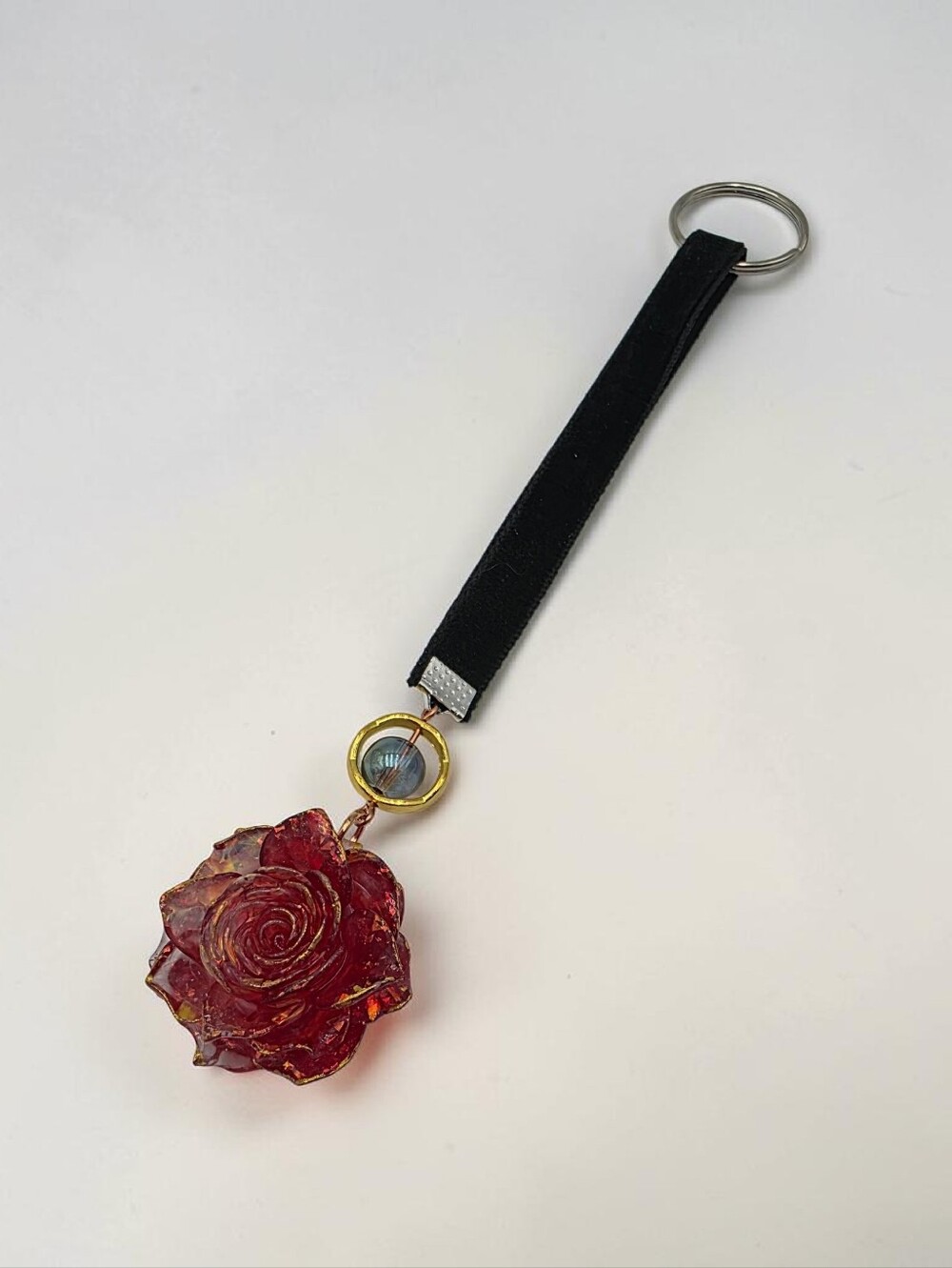 Black Strap Keychain with Iridescent Red Rose Charm Handmade Cute Bag Accessory